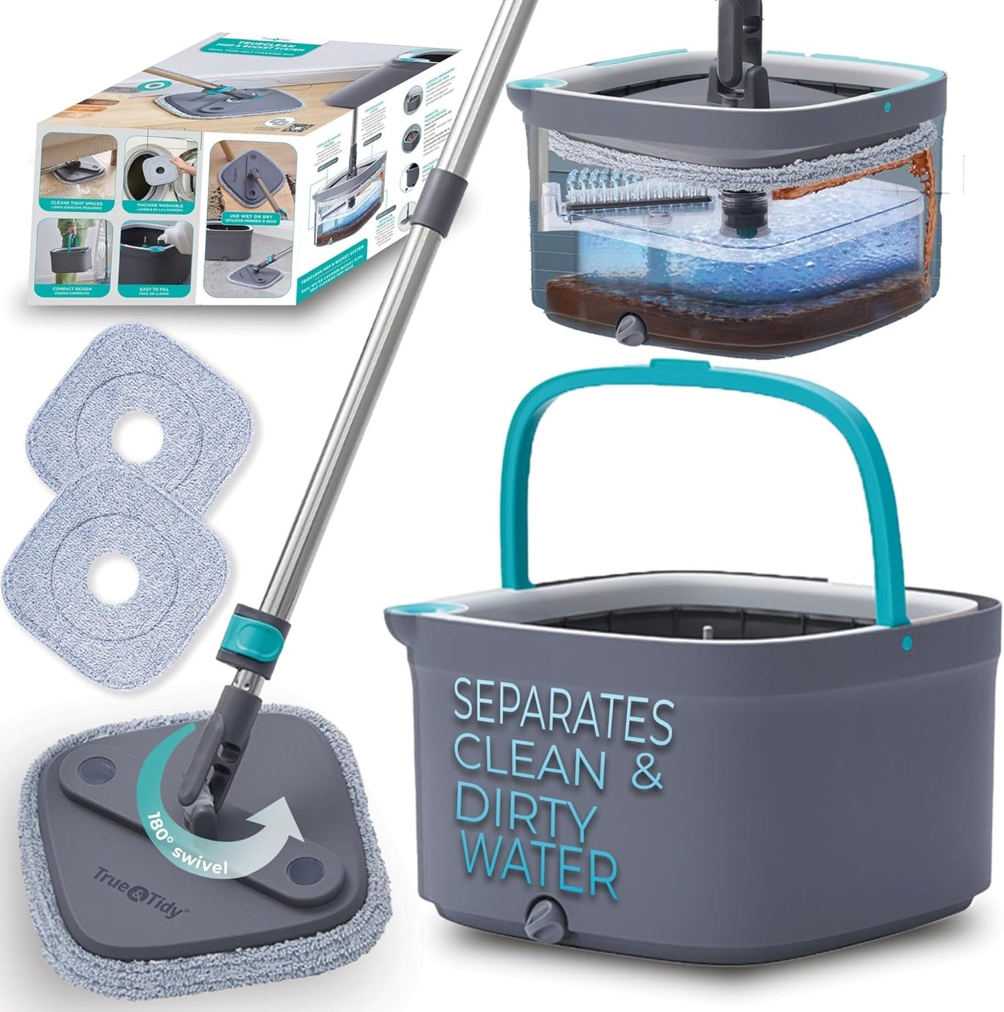 True & Tidy True Clean Paspas ve Kova Sistemi, Kare Döndürmeli Paspas, Çift Bölmeli Paspas Kovası ve 2 Kalın Makinede Yıkanabilir Paspas Pedleri (Spin Mop) içerir