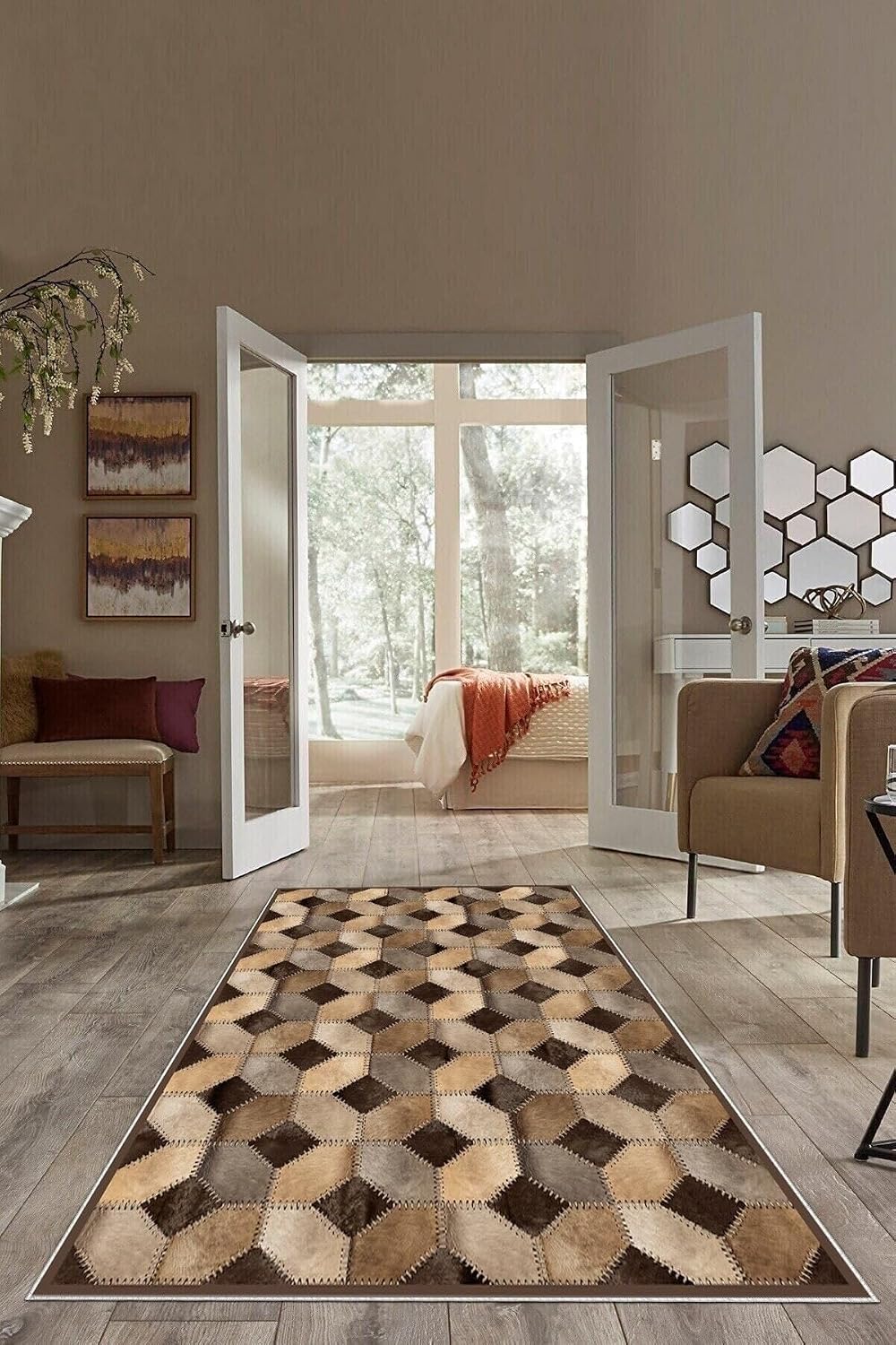 Pelangi Kahverengi Dana Desenli Patchwork Yıkanabilir Kaymaz Taban Leke Tutmaz Modern Salon Halısı Ve Yolluk, Kahverengi 180 x 280, 74571092180280728