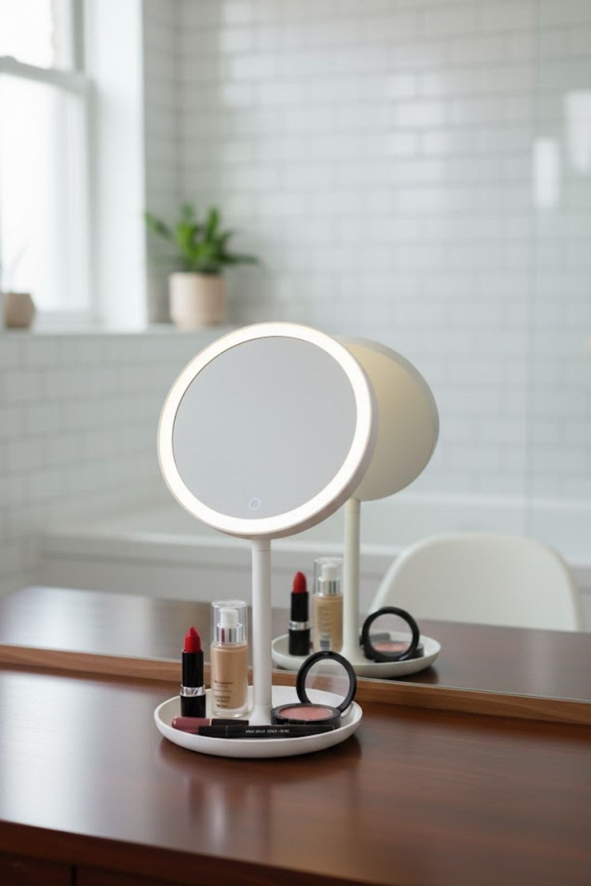 BUFFER® LED Işıklı Yuvarlak Makyaj Aynası – Dokunmatik Ayarlanabilir Işık Tonlu, 360° Döner Masaüstü Profesyonel Makyaj ve Cilt Bakım Aynası