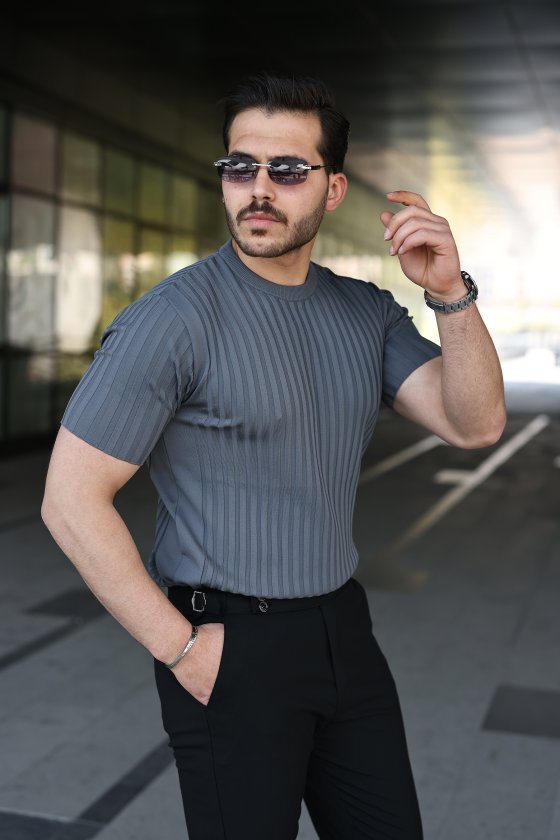 Erkek Fitilli Bisiklet Yaka Kısa Kollu Tişört - Antrasit / 2XL