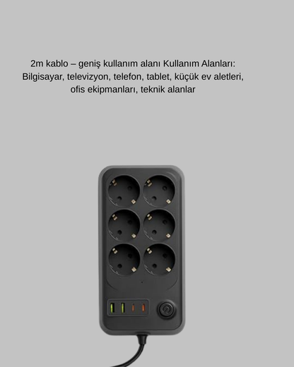 2500W Güçlü 6’lı Priz USB ve Type-C Çıkışlı Termal Korumalı
