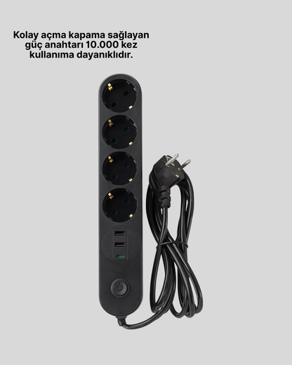 Akıllı Akım Dengelemeli 4’lü Çoklu Priz Type-C ve USB Çıkışlı