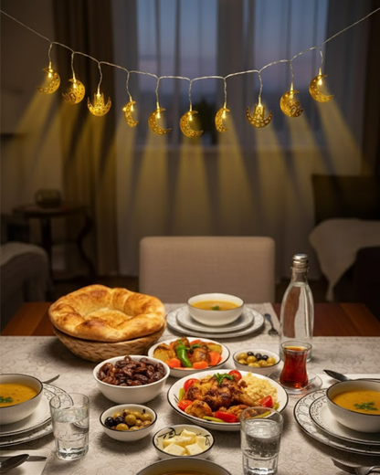 Minareli Hilal LED Işık Gold Metal Gövdeli Pilli Ramazan Dekoru