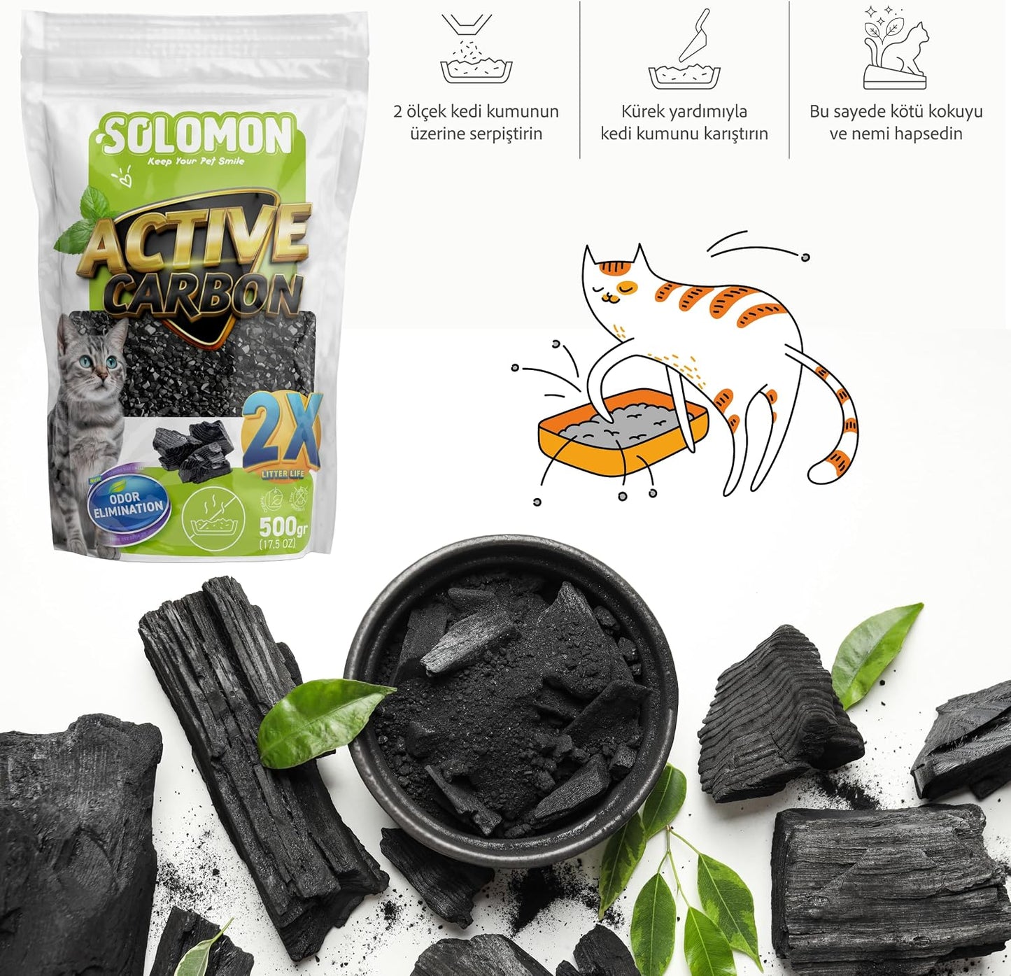 Solomon Active Carbon 500 Gr Koku Giderici - Kedi Kumu Koku Giderici Kokusuz Kedi Tuvaleti Doğal Kum Kokusu Önleyici Aktif Karbon