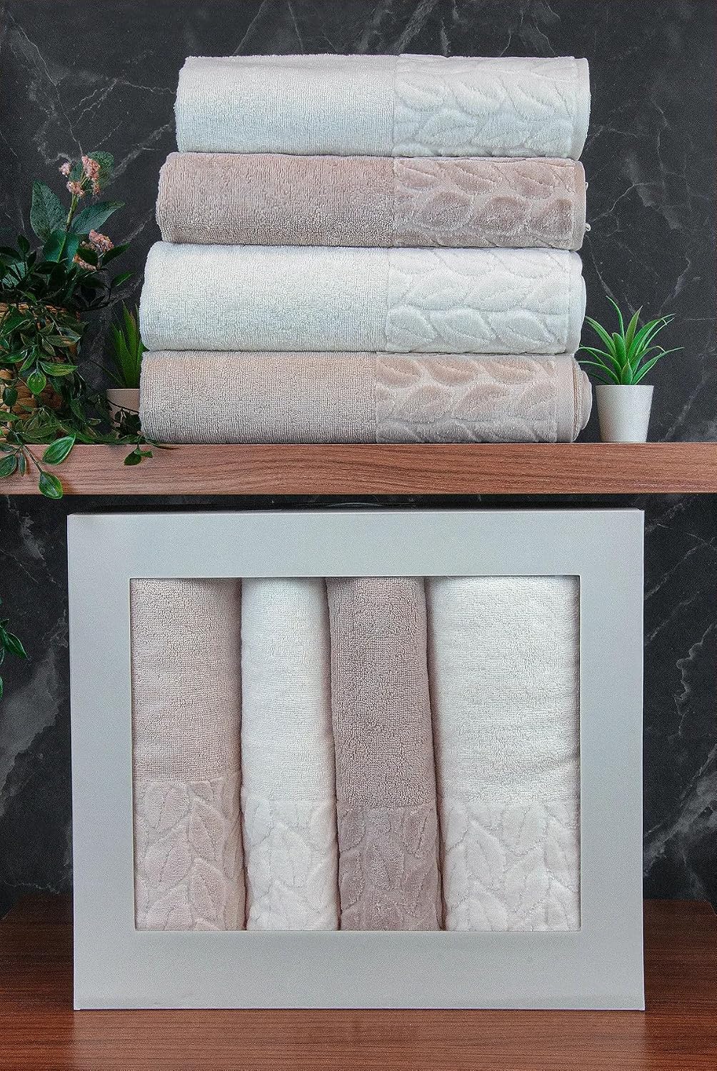 Hazal%100 Pamuklu Kutulu 4'lü Banyo Havlu Seti Hamam Takımı 50x90-90x150 Bej-Krem - 00081