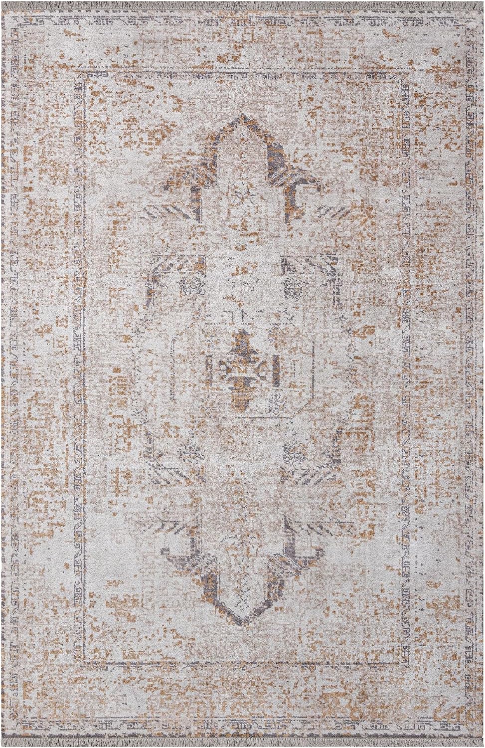 3S Krem Madalyon Modern Geometrik Etnik Eskitme Desenli Boho Oturma Odası Salon Yolluk Koridor Mutfak Halısı