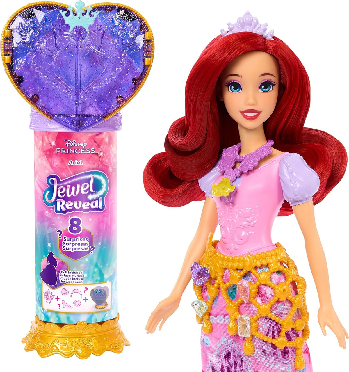 Mattel Filmden ilham alan Mattel Disney Prensesi Ariel bebek, aksesuarlar, kalp şeklinde değerli taş kutusu ile çocuk yüzüğü dahil 8 sürpriz ve 9 parça, JHL49