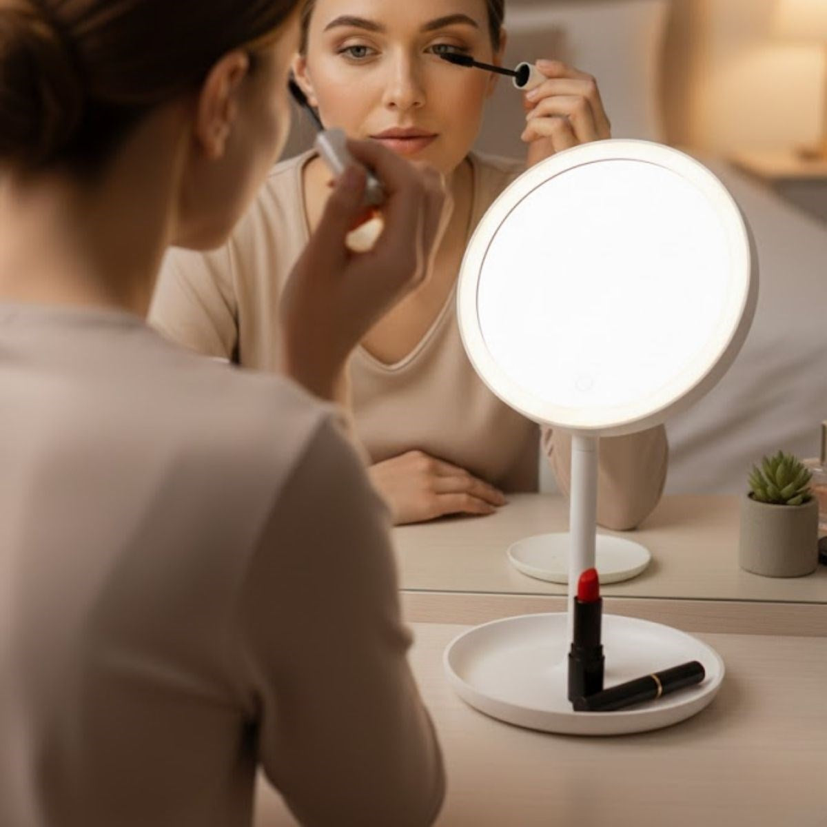BUFFER® LED Işıklı Yuvarlak Makyaj Aynası – Dokunmatik Ayarlanabilir Işık Tonlu, 360° Döner Masaüstü Profesyonel Makyaj ve Cilt Bakım Aynası