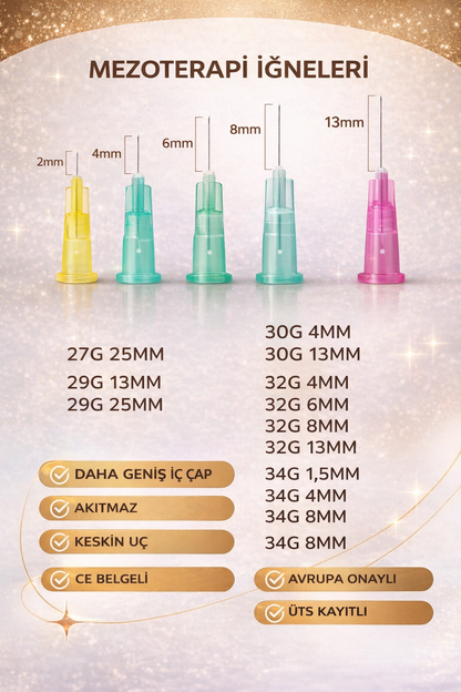 34G X 1,5MM Mezoterapi Steril Enjeksiyon İğnesi 100 Adet 1 Kutu