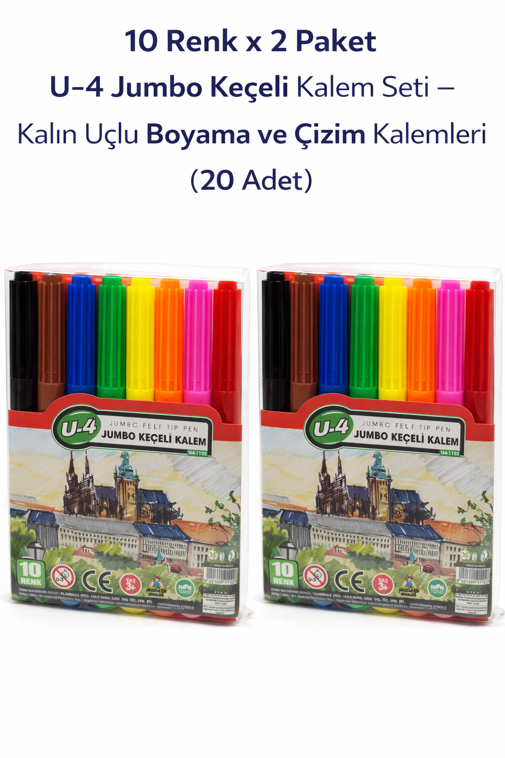 U-4 Keçeli Kalem 10 Renk x 2 Paket – Kalın Uçlu Boyama ve Çizim Kalemi Seti (20 Adet)