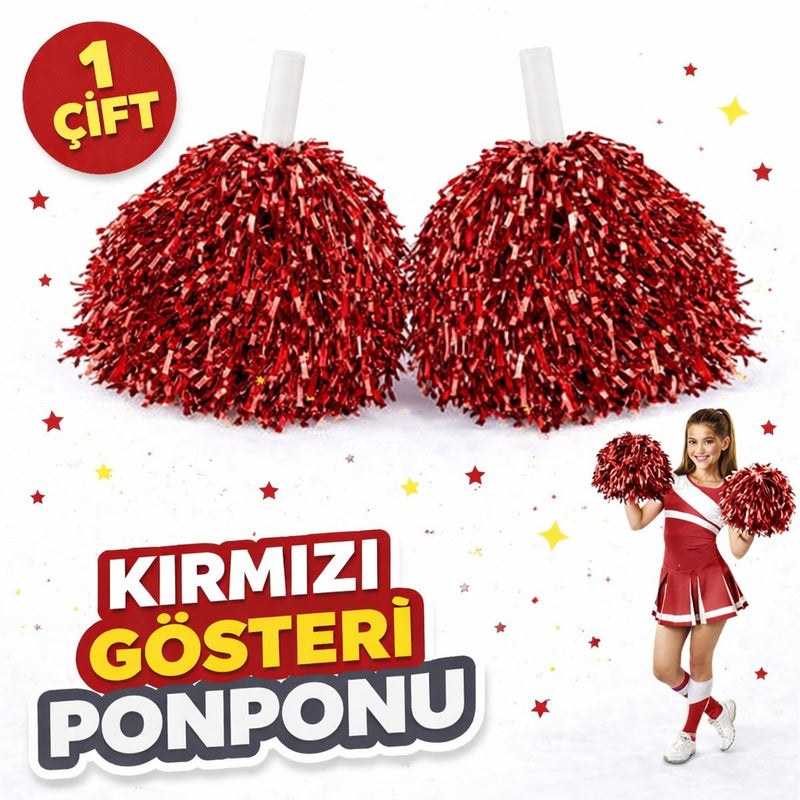 1 Çift (2 Adet) Kırmızı Renk 23 Nisan 19 Mayıs 29 Ekim Okul Gösteri Ponponları Ekstra Dolgun