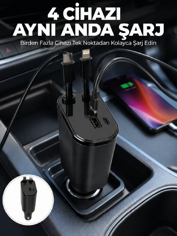 120W Hızlı Şarj Destekli 4'ü 1 Arada Araç Şarj Cihazı Type-C, Lightning, USB ve USB-C Çıkışlı