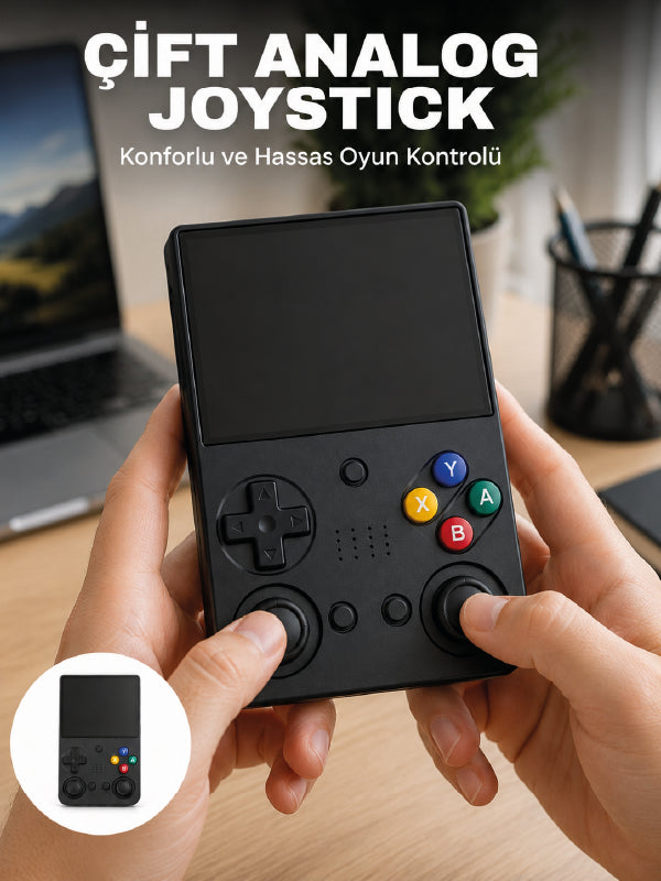 3.5 İnç IPS Ekran Retro Oyun Konsolu 64GB Dahili Hafıza Çift Analog Joystick Taşınabilir El Konsolu