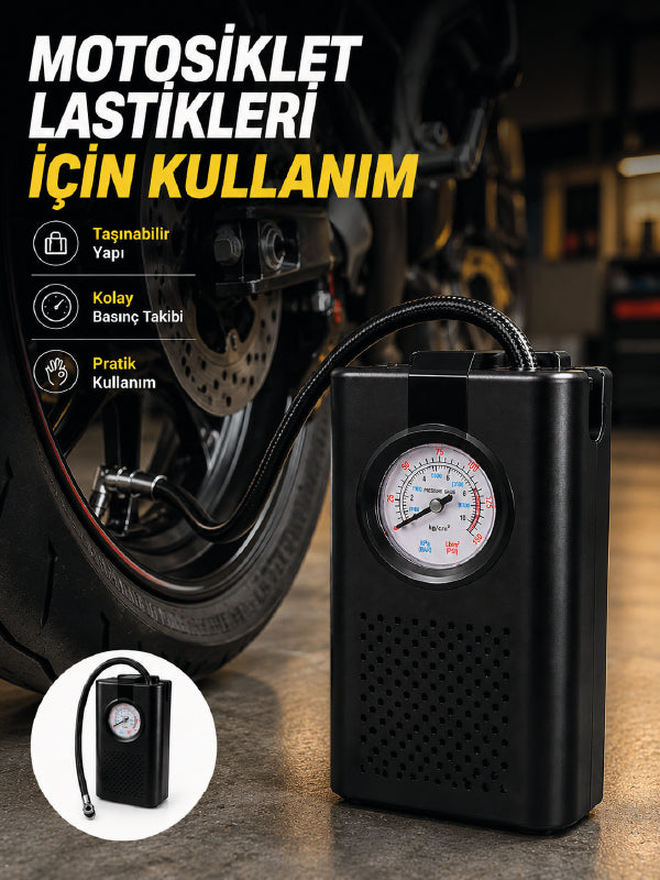 Araç Lastik Şişirme Pompası Taşınabilir Analog Basınç Göstergeli Hava Kompresörü