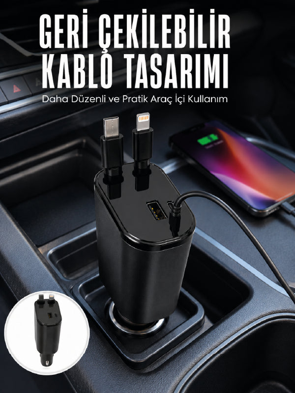 Dijital Voltaj Göstergeli Araç Şarj Cihazı Geri Çekilebilir Kablolu 4 Portlu Hızlı Şarj Adaptörü