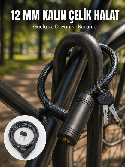 Anahtarlı Çelik Halat Kilit 12 mm Güçlü Bisiklet Kilidi 80 cm PVC Kaplamalı Elektrikli Scooter ve Motosiklet Uyumlu
