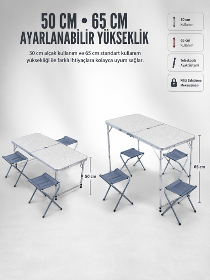 4 Sandalyeli Katlanabilir Kamp Masası Portatif Bahçe Kamp ve Piknik Masa Seti