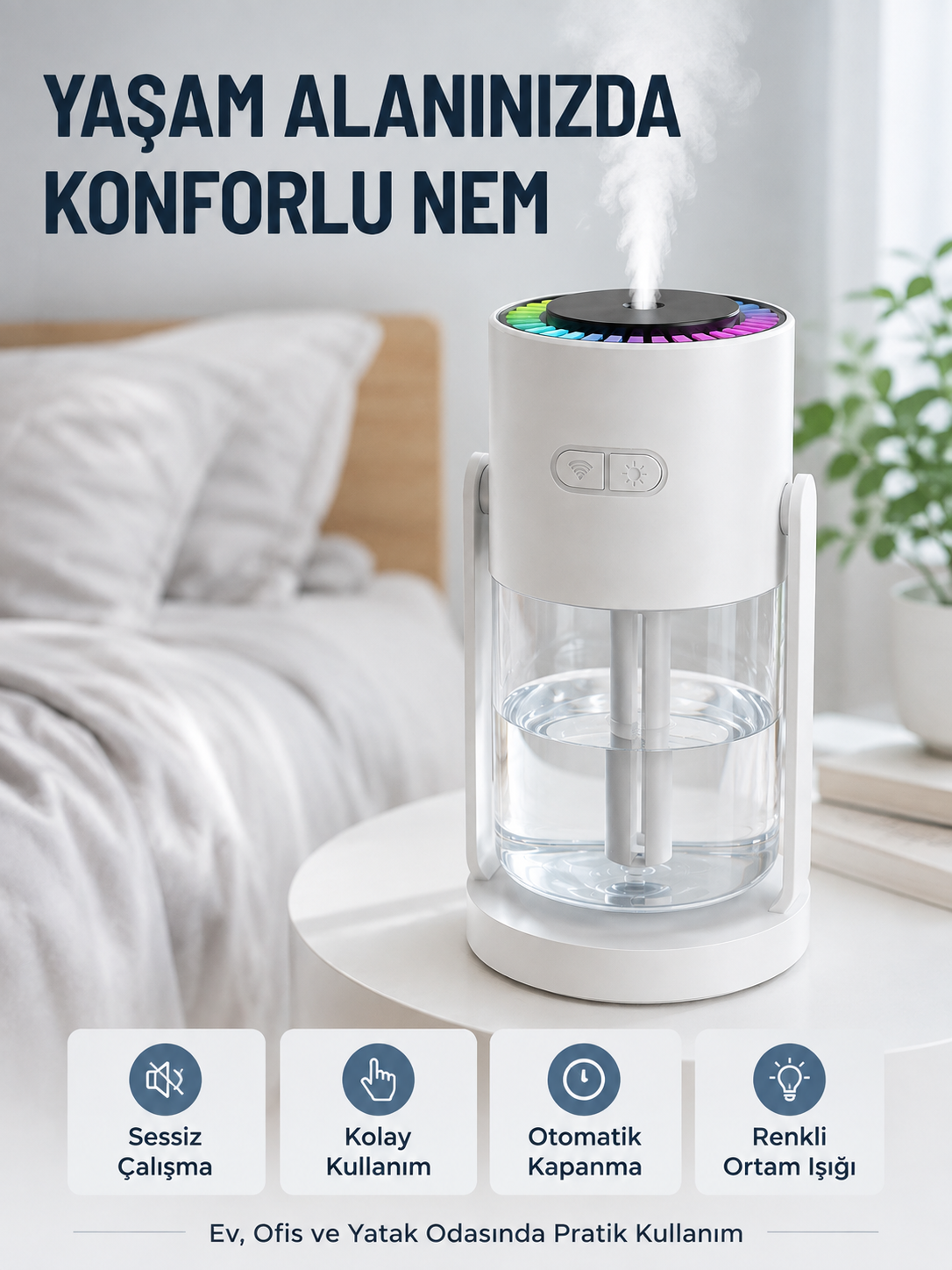 Hava Nemlendirici LED Işıklı Sessiz Çalışan Otomatik Kapanmalı Masaüstü Nemlendirme Cihazı