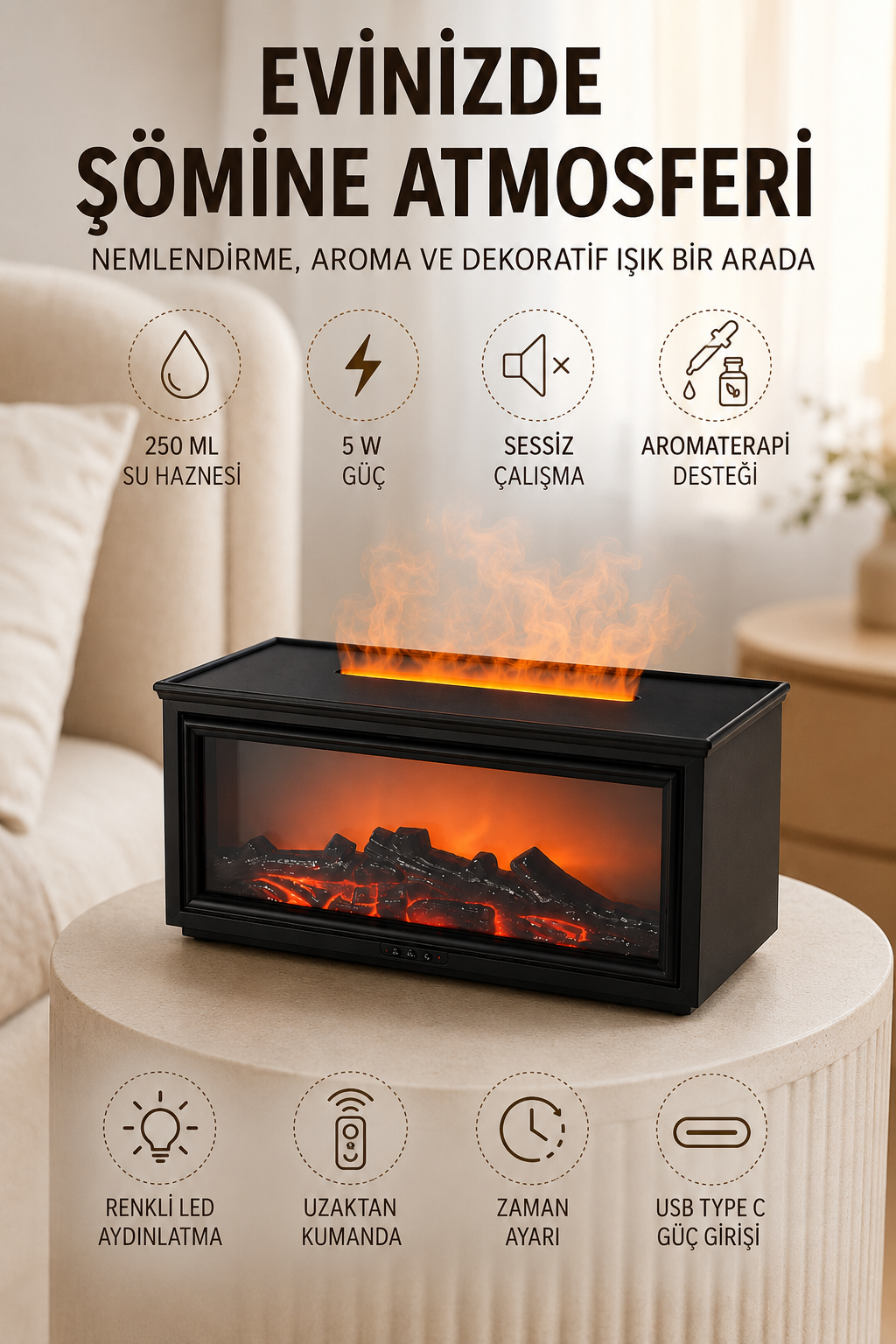 Aroma Difüzörü Simüle Alev Efektli Sessiz Hava Nemlendirici 250 ML