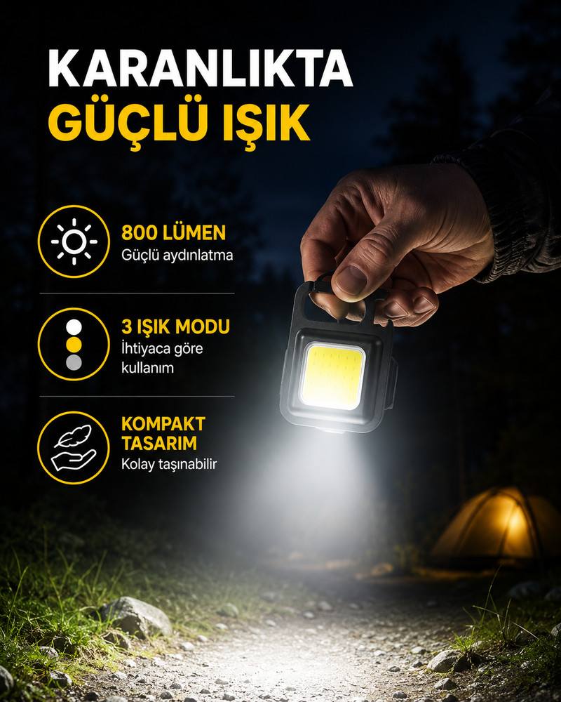 Şarjlı COB LED Anahtarlık Fener – 4 Modlu, Manyetik ve Katlanabilir Standlı Yeni Nesil