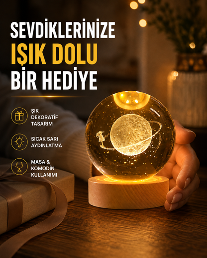 Ahşap Standlı Sarı Işıklı Dekoratif Küre Kız Figürü Tasarım