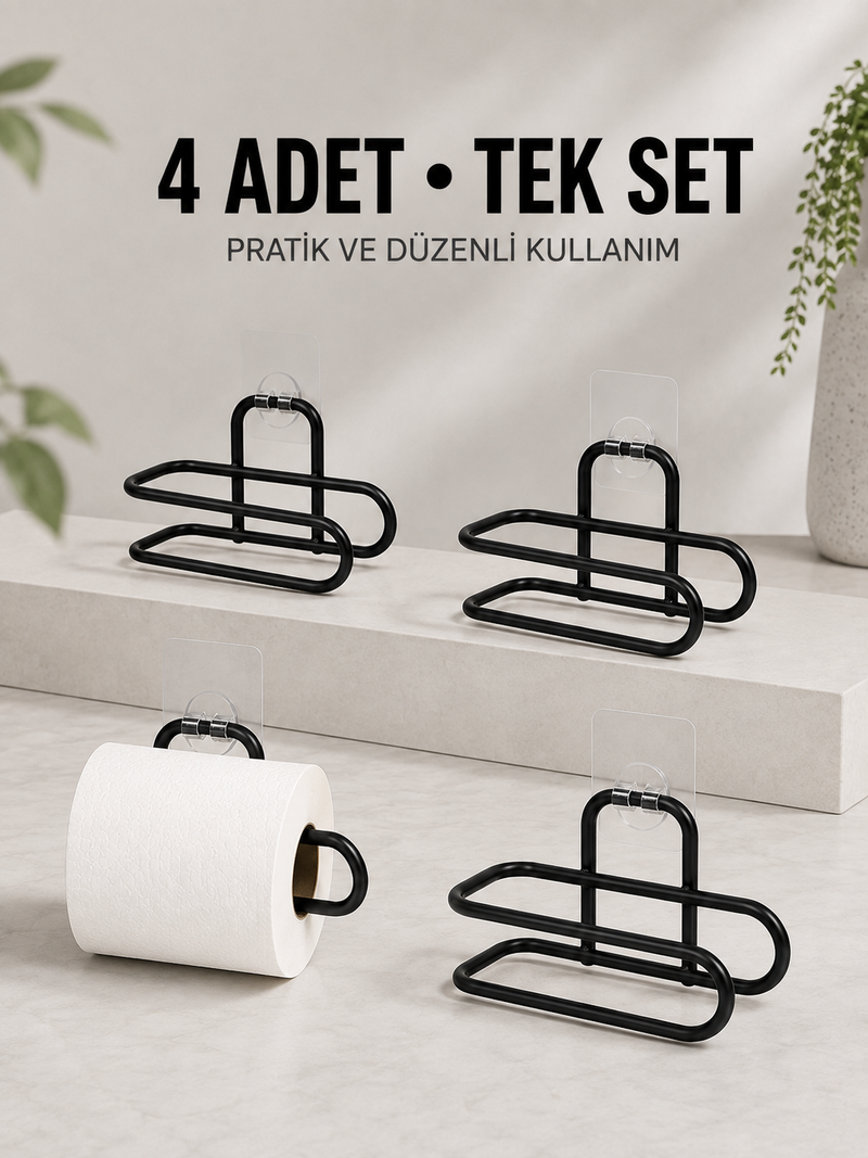 Duvara Yapışkanlı WC Kağıtlık Siyah Metal 4 Adet Tuvalet Kağıdı Rulo Askısı