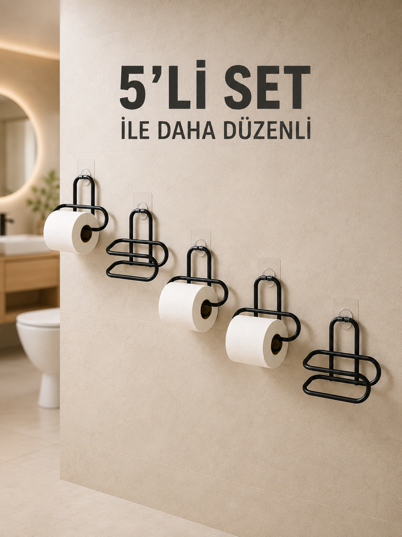 Yapışkanlı Tuvalet Kağıdı Askısı Siyah Metal Delmeden Montaj WC Kağıtlık 5 Adet