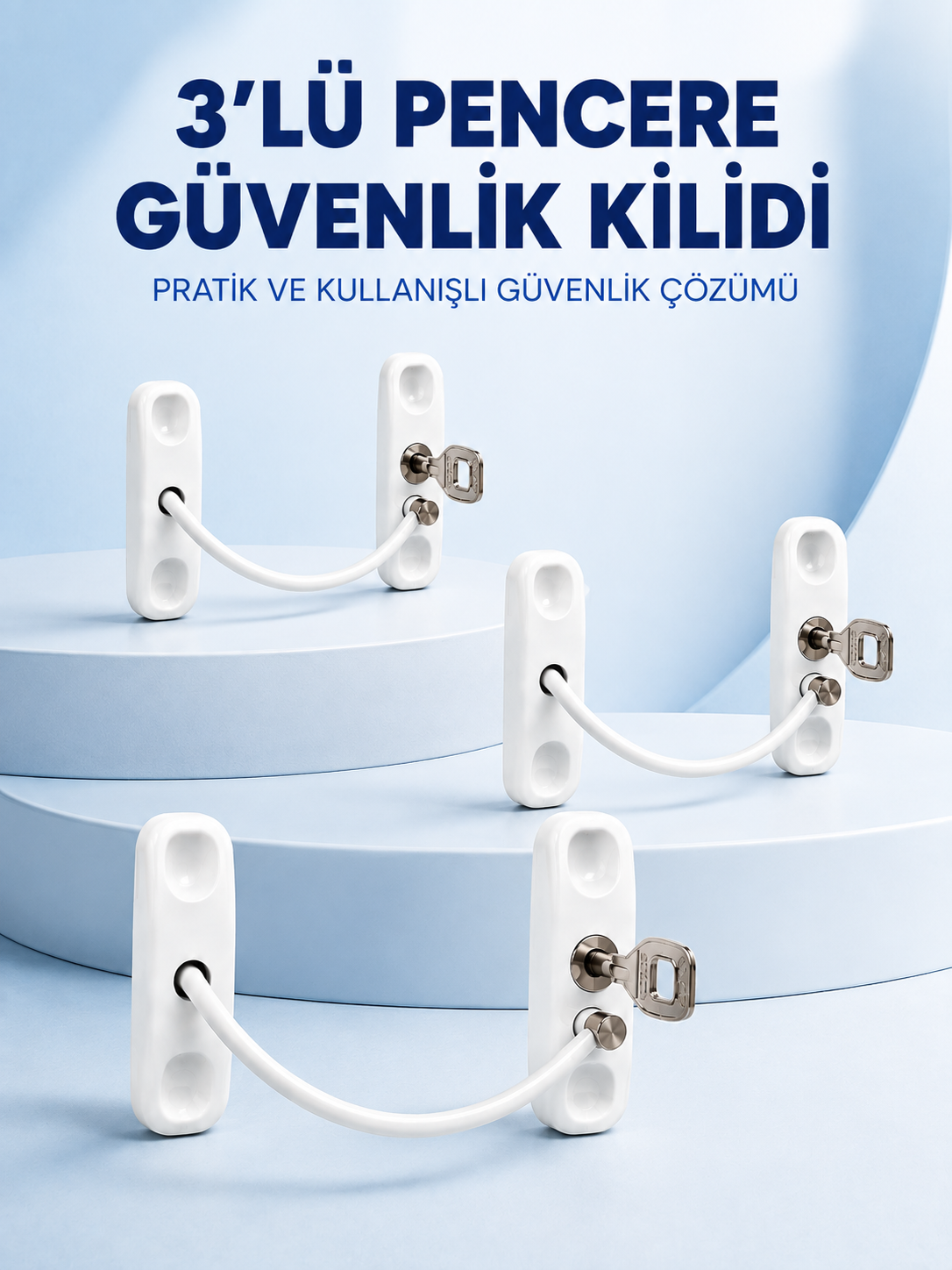3 Adet Pencere Güvenlik Kilidi Esnek Bağlantılı Anahtarlı Koruma Seti