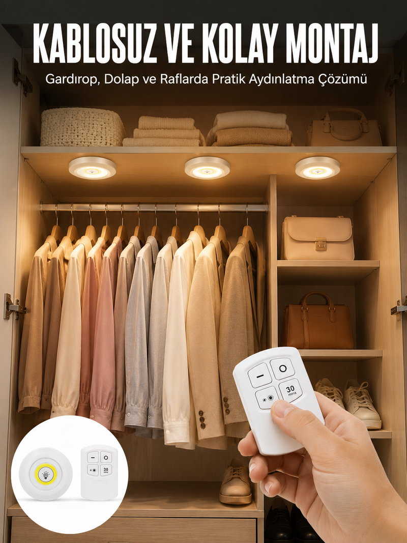 Led Lamba 3'lü Uzaktan Kumandalı Yapışkanlı Beyaz Işık