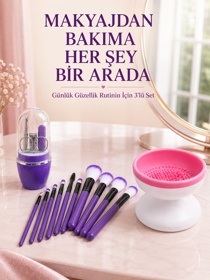 3’lü Güzellik ve Bakım Seti 12’li Mor Makyaj Fırçası Fırça Temizleme Cihazı ve Manikür Pedikür Tırnak Bakım Seti