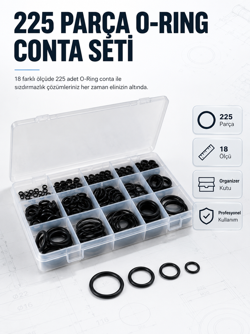 225 PCS O-Ring Conta Seti Profesyonel Tamir, Bakım ve Sızdırmazlık Çözümü