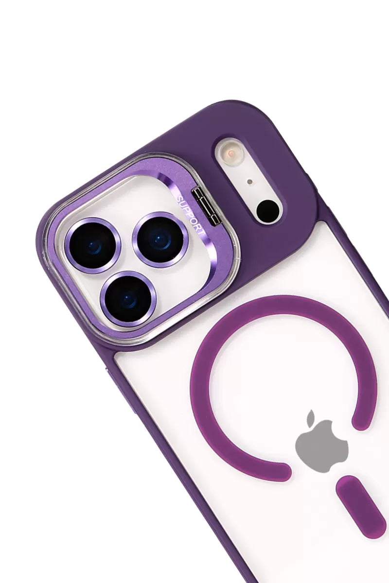 iPhone 17 Pro Max Remim Lensli Magsafe Standlı Kapak - Derin Mor