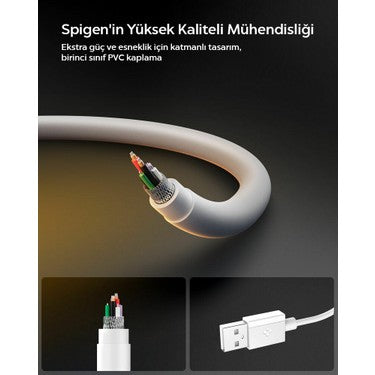 Spigen USB-A to USB-C 1 Metre Kablo 60W Güç / Hızlı Şarj / 480 Mbps Data Aktarım Hızı Type-C Ekstra