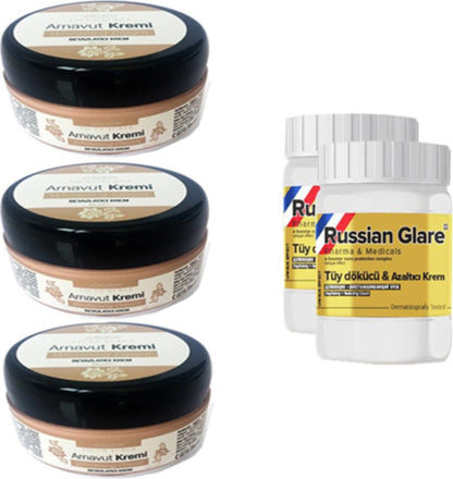Three Brand 50 ml Arnavut Aklık Kremi 3 Adet + Russıan Glare Tüy Dökücü Azaltıcı Merhem 50 ml 2 Ad