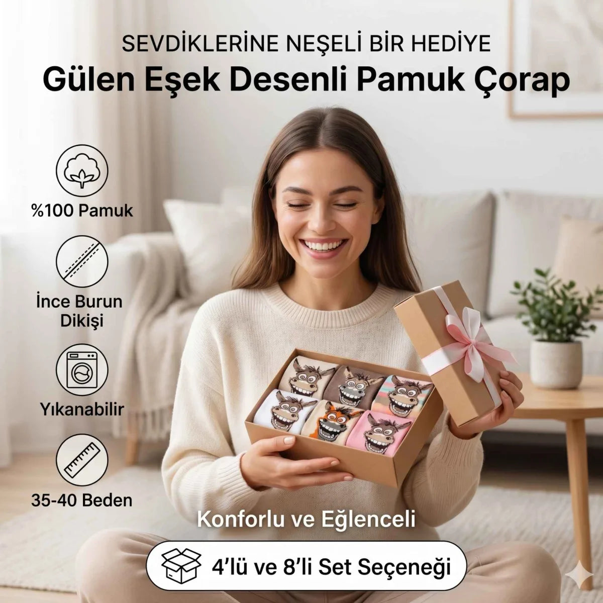 Kadın Gülen Eşek Desenli Çorap 8'li Set - Pamuklu, Eğlenceli ve Yumuşak Soket Çorap 36-40