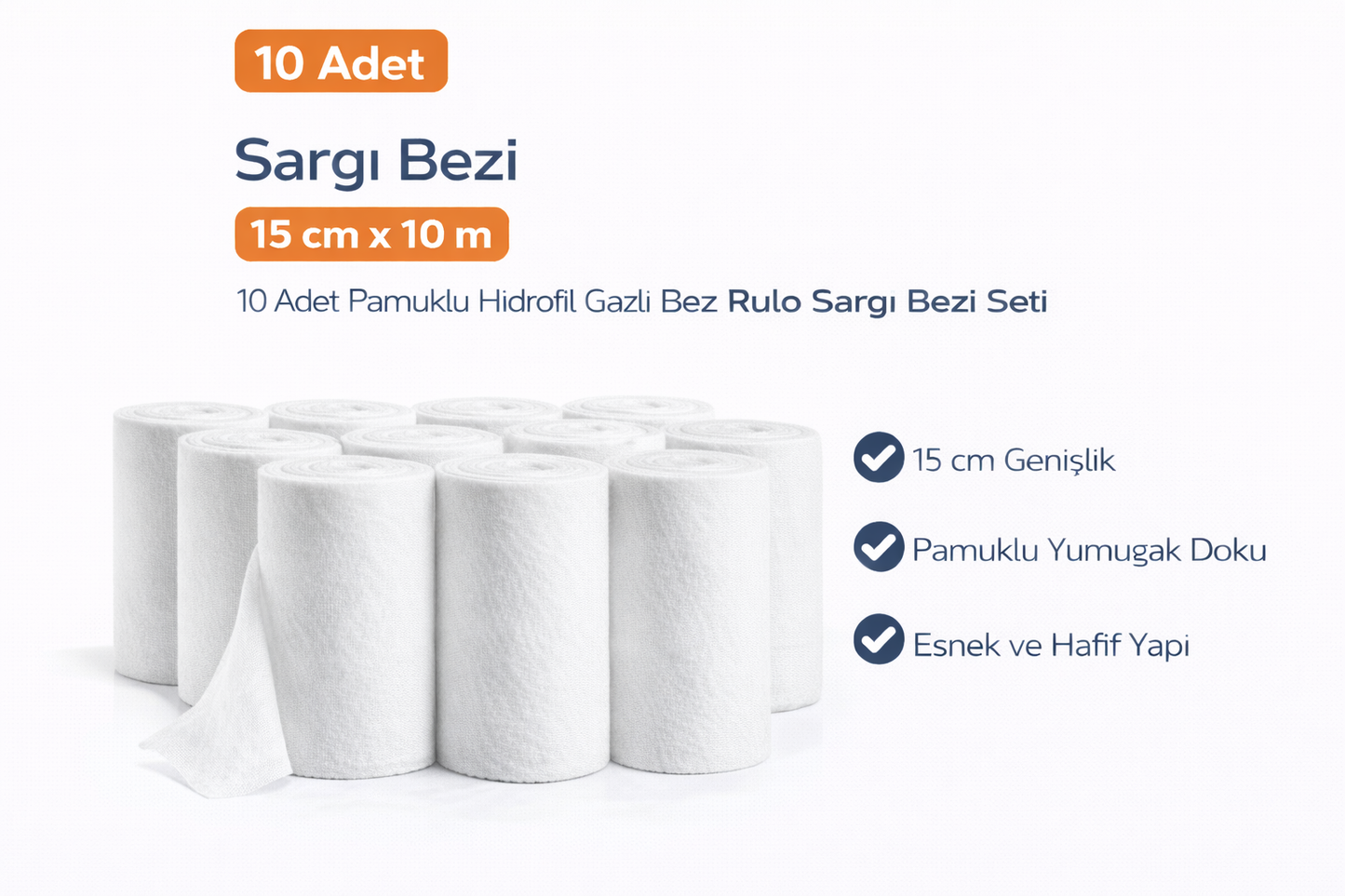 Sargı Bezi 15 cm x 10 m 10 Adet Pamuklu Hidrofil Gazlı Bez Rulo Sargı Bezi