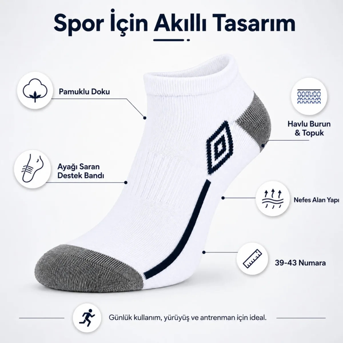 Erkek 6'lı Spor Patik Çorap 39-44 Pamuklu Havlu Destekli Bilek Boy Beyaz Gri