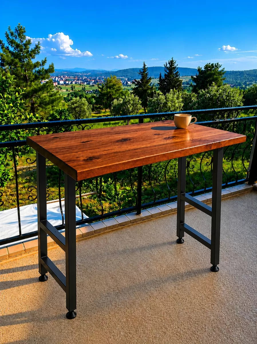 Masif Bar Masası 85 cm Yüksek Metal Profil Ayaklı Mutfak Yemek Kafe Bistro Çalışma 40x140