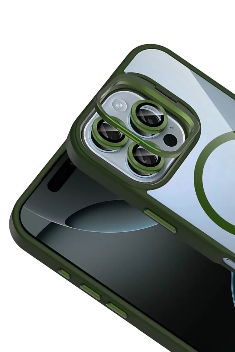 iPhone 16 Pro Max Remim Lensli Magsafe Standlı Kapak - Koyu Yeşil