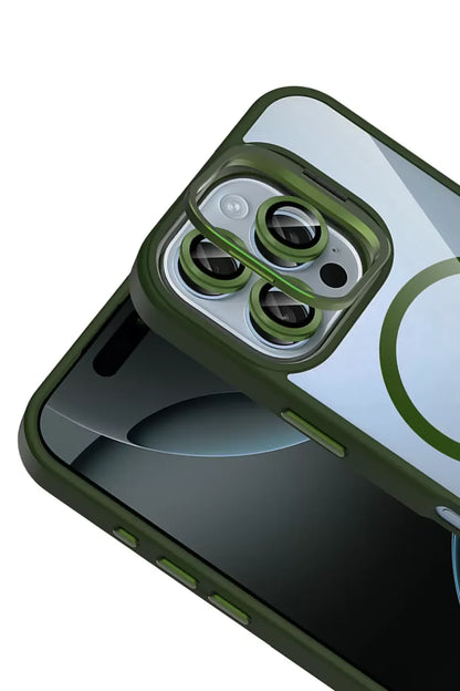 iPhone 16 Pro Max Remim Lensli Magsafe Standlı Kapak - Koyu Yeşil