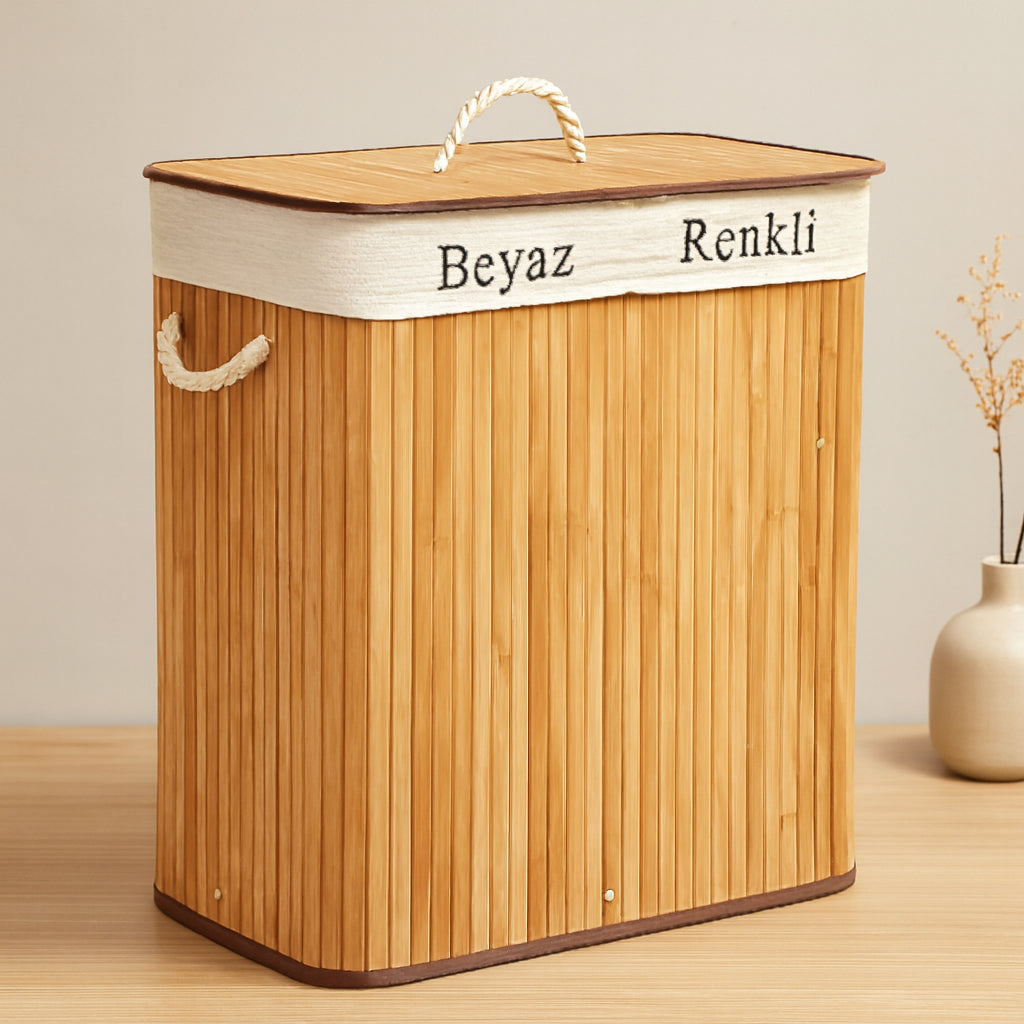 Bambu Ahşap 2 Bölmeli Çamaşır Sepeti 52x32x62 cm