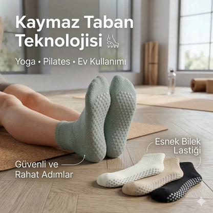 Kaymaz Tabanlı Yoga Pilates 4'lü Çorap, Silikon Tabanlı Esnek Bilekli Nefes Alan Ev ve Spor Çorabı