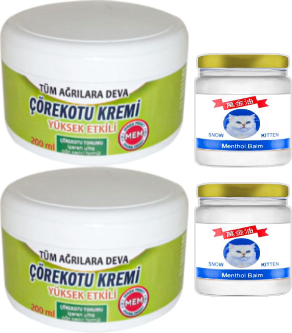 2 Adet Çörek Otu Kremi Büyük Xlboy 200 ml Green + 50 ml Snow Kitten Krem / Diz Dirsek Iskelet Sırt Bel Kas Agrilarina Masaj Seti