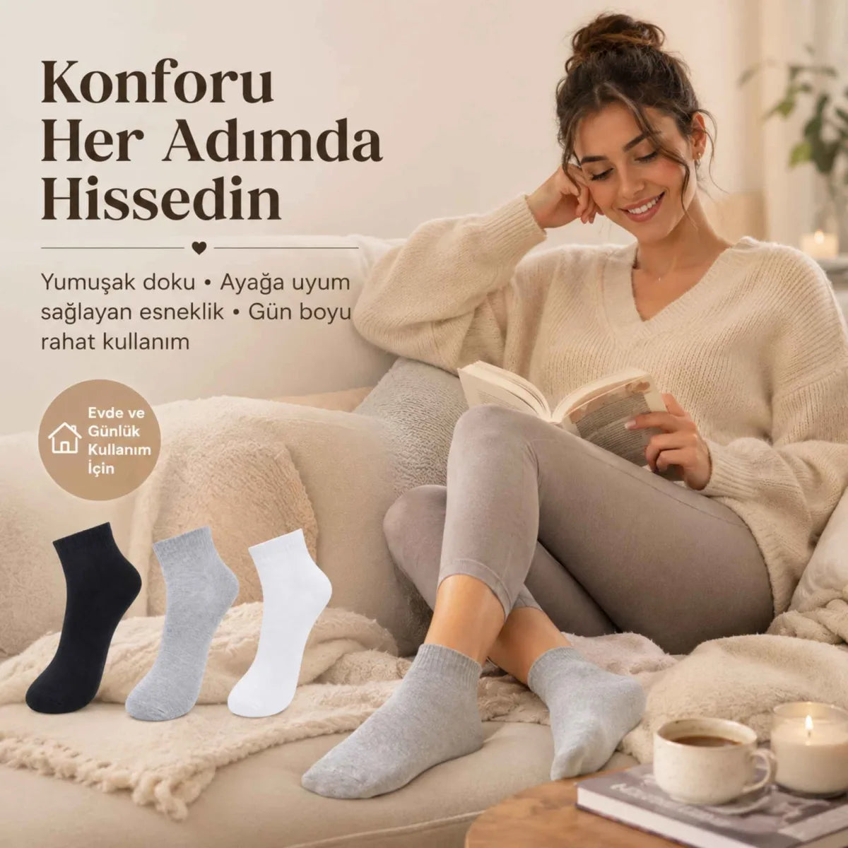 Kadın Kısa Konç Çorap 6'lı Paket, %80 Pamuklu, Dikişsiz Burun, Nefes Alan Yumuşak Bilek Çorabı, Siyah Gri Beyaz