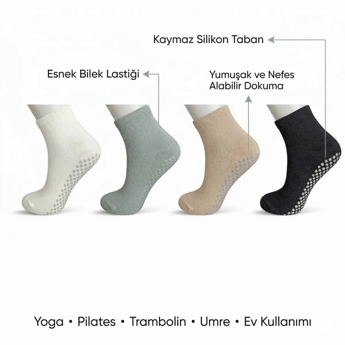 Kaymaz Tabanlı Yoga Pilates 4'lü Çorap, Silikon Tabanlı Esnek Bilekli Nefes Alan Ev ve Spor Çorabı