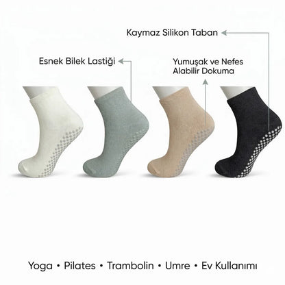 Kaymaz Tabanlı Yoga Pilates 4'lü Çorap, Silikon Tabanlı Esnek Bilekli Nefes Alan Ev ve Spor Çorabı
