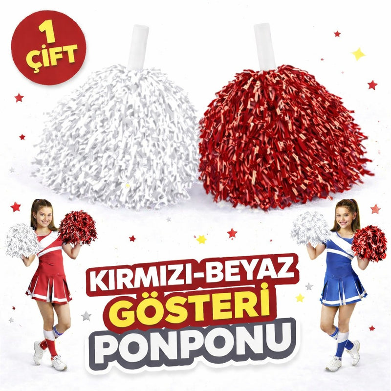 1 Çift (2 Adet) Kırmızı-Beyaz Renk 23 Nisan 19 Mayıs 29 Ekim Okul Gösteri Ponponları Ekstra Dolgun