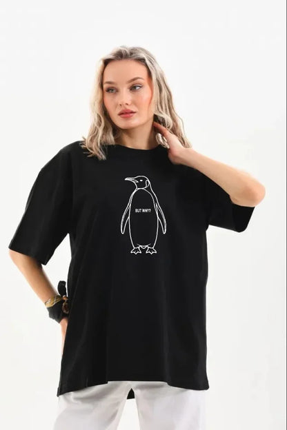 Nihilist Penguen Özel Tasarım Oversize Bisiklet Yaka Tişört - Siyah - Siyah / S