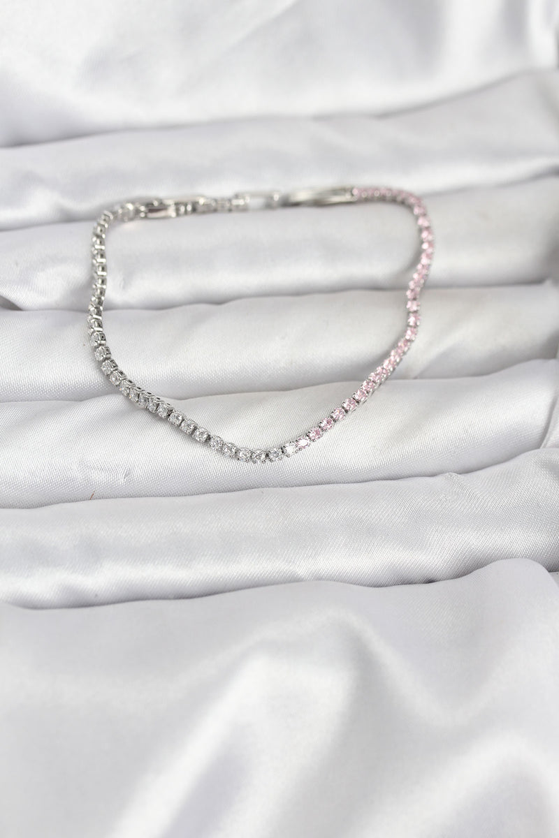 Pembe ve Beyaz Zirkon Taşlı Gümüş Renk Su Yolu Kadın Bileklik