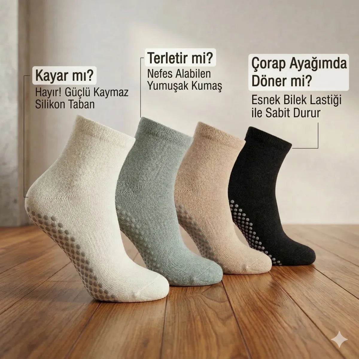 Kaymaz Tabanlı Yoga Pilates 4'lü Çorap, Silikon Tabanlı Esnek Bilekli Nefes Alan Ev ve Spor Çorabı